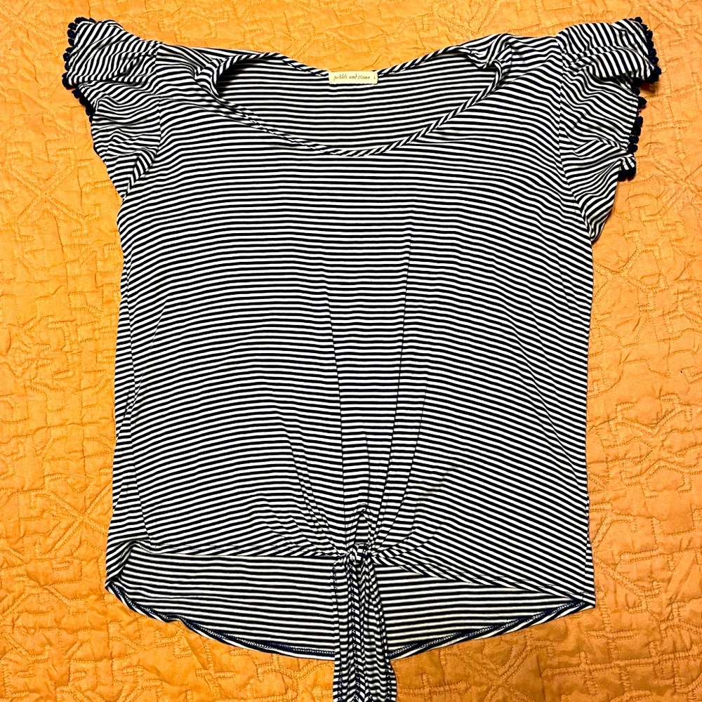 Navy and white striped blouse w low tie